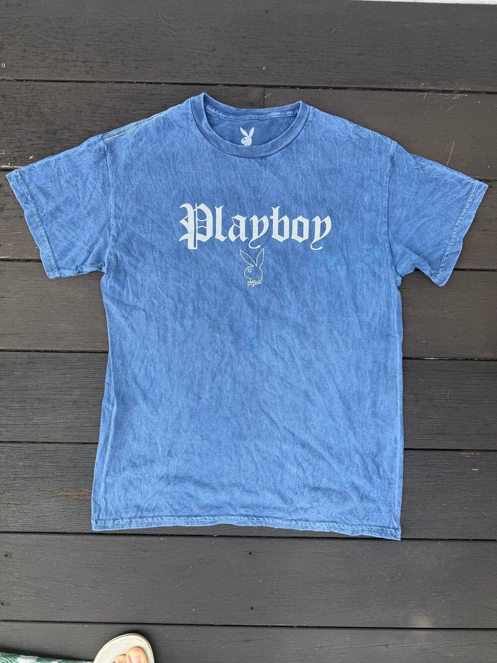Playboy Glitter Logo Mineral Wash Blue Graphic T Shirt Size Medium